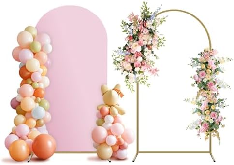 Arch Backdrop Stand and Cover Set, Metal Balloon Arch Backdrop 7.2ft, Gold Arched Stand Frame for Wedding, Parties,Birthday, Backdrop Decorations (Pale Pink,7.2ft) by Holldoor