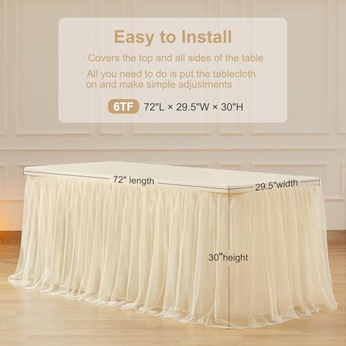 Champagne Table Cloths for 6 Foot Rectangle Tables, Tulle Table Skirt for Rectangle Table 6 ft Fitted Table Cover Desk Skirt Birthday Party Wedding Banquet Tablecloth Elastic Stretch Ruffle Tablecloth - Image 5
