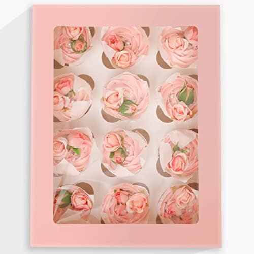 qiqee Auto-pop Up Cupcake Boxes with Window Pink 40PCS 12 Count Cupcake Box 13"x10"x3.5" Cupcakes Carrier, 12 Cupcake Containers with 2 rolls of pink ribbons - Image 2
