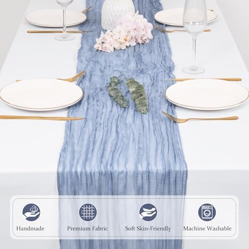 12 Pack Dusty Blue Cheesecloth Table Runners 21x120 Inch Boho Gauze Table Runner 10FT Long Rustic Sheer Blue Table Runner for Baby Shower,Wedding,Party,Birthday,Home Table Decor - Image 3