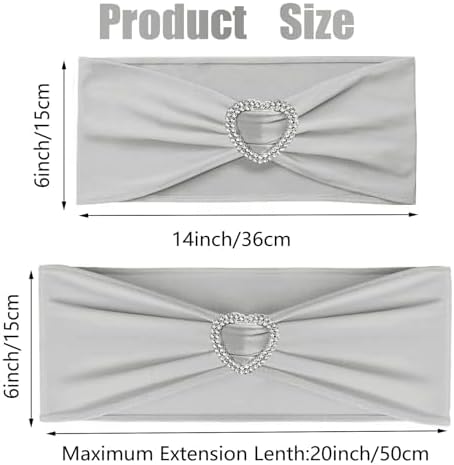 Silver Grey Chair Sashes 50 Pack Spandex Grey Sashes for Chairs Covers Universal Stretch Chair Sashes Band with Heart Buckle Slider for Wedding Banquet Party Decorations - Image 2