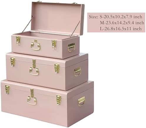 Vixdonos Decorative Box Set of 3 Metal Trunks Chest with Safety Lock Clasp for Treasure Organization and Home Dorm Decor,26.8x16.5x11Inches - Image 2