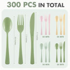 Kochorie 300 Pieces Sage Green and Pink Plastic Silverware, Disposable Plastic Utensils, Heavy Duty Cutlery Set Heavyweight Flatware Includes Spoons Forks Knives for Birthday Wedding Party Supplies - Image 2