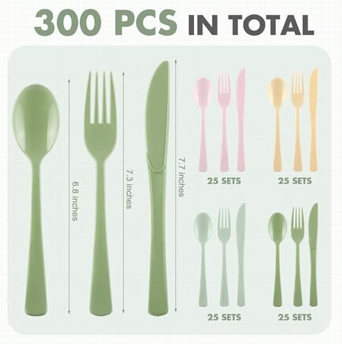 Kochorie 300 Pieces Sage Green and Pink Plastic Silverware, Disposable Plastic Utensils, Heavy Duty Cutlery Set Heavyweight Flatware Includes Spoons Forks Knives for Birthday Wedding Party Supplies - Image 2