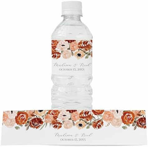 Personalized Water Bottle Labels with Choice of 30 Flower Styles - Choose Font and Pre-Made Phrases or Design Custom Text - LABELS ONLY (025 Orange Flowers, 2 inch (8.5x2")) by ThePaperedWedding