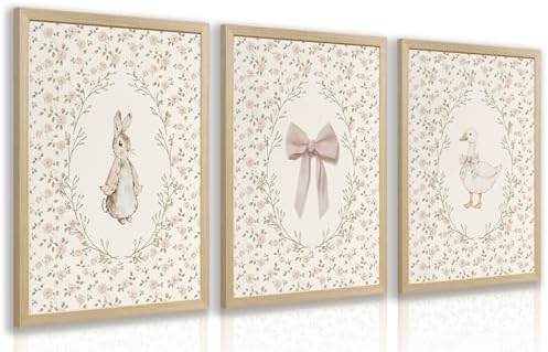 PORENY Baby Girl Nursery Wall Art Set of 3, Pink Bow Rabbit Goose Canvas Prints, Cute Floral Nursery Decor, Vintage Neutral Animal Artwork for Girls Room Kids Bedroom Wood Framed 16x24 Inch by Unknown