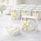 Personalized Rose Shaped Soy Candle Favors with Gold Acrylic Cross Label – Baptism & Christening Keepsake, Religious Wedding or Shower Gift Set (10–200 PCS) - Image 7