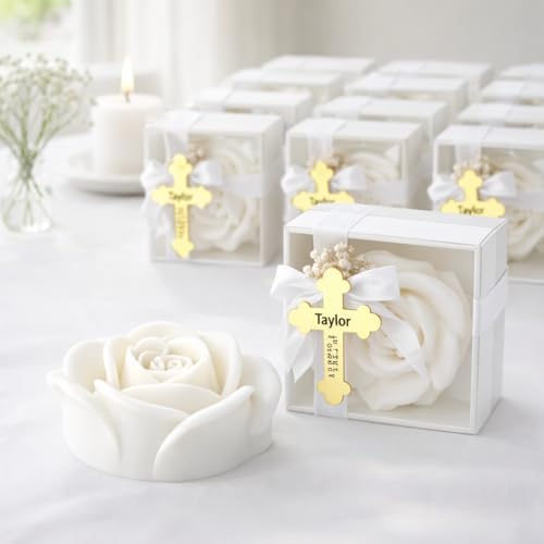 Personalized Rose Shaped Soy Candle Favors with Gold Acrylic Cross Label – Baptism & Christening Keepsake, Religious Wedding or Shower Gift Set (10–200 PCS) - Image 7