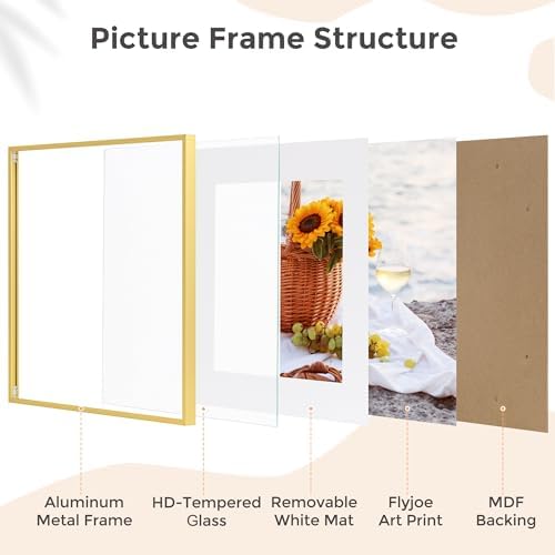 FLYJOE 16x16 Metal Square Picture Frame For Wall With Mat For 12x12, 16''x16'' Aluminum Photo Frames With Tempered Glass For Home Decor, Minimalist Modern Poster Frame Horizontally Vertically, Gold - Image 3