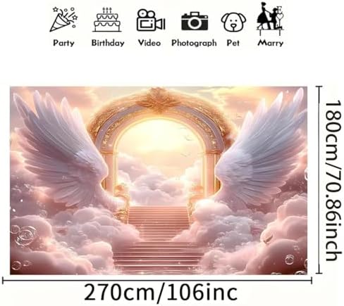 Pink Angel Wings Theme Banner Paradise Gate Sky Stairway to Heaven Holy Light Clouds Gold Sky Background Heaven Sent Baby Shower Baptism Banner Easter Photo Background (Pink, 9 * 6feet) - Image 6