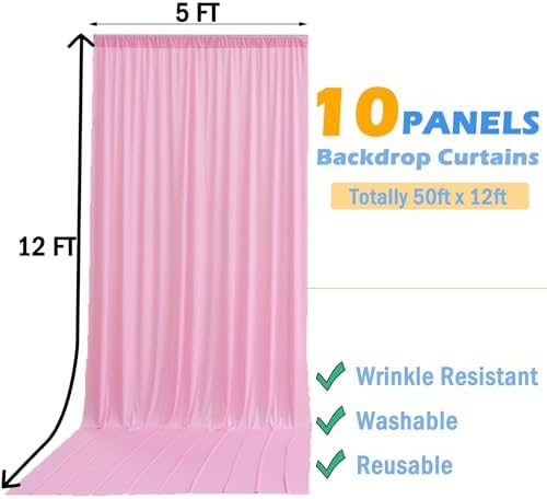 50ft x 12ft Wrinkle Free Pink Backdrop Curtains for Parties, 10 Panels 12FT Long Photo Backdrop Drapes Silky Back Drop Cloth for Wedding Birthday Photography Background Decor - Image 6