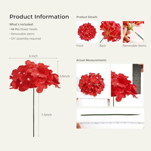 Auihiay 64Pcs Red Hydrangea Artificial Flowers, Fake Hydrangea Flowers - Image 4