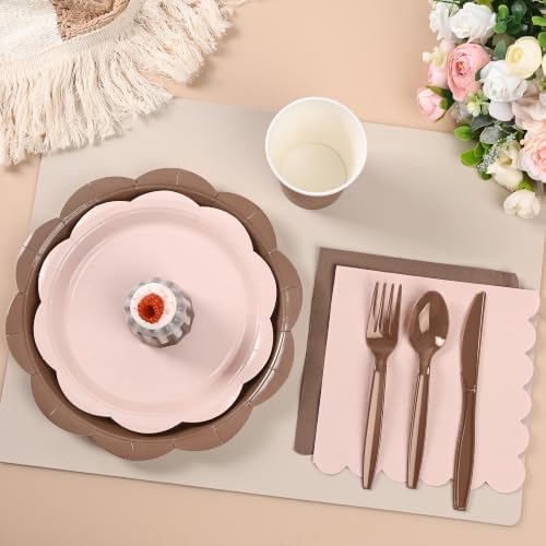 350 Pcs Baby Shower Decoration - Neutral Gradient Brown Plates and Napkins Tableware Set Include Scalloped Paper Plate Napkin Cup & Cutlery for Baby Shower, Wedding, Birthday, Espresso Martini Theme - Image 3