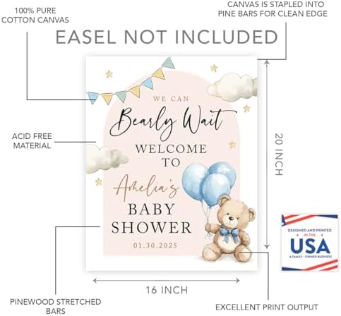 Andaz Press Personalized Teddy Bear Baby Shower Decorations, We Can Bearly Wait Baby Shower Decorations Boy, We Can Bearly Wait Sign, Custom Blue Balloons with Brown Bear Welcome Sign, 16x20 Inch - Image 2