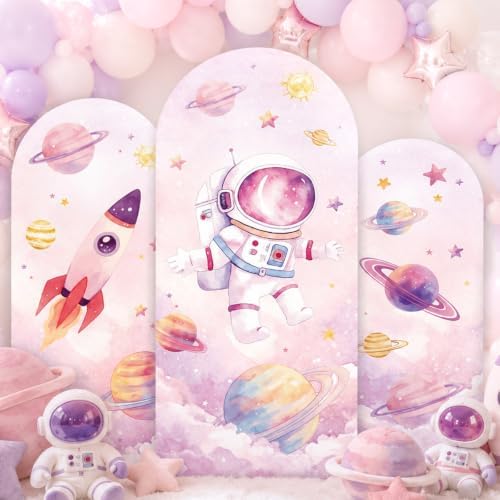 3Pcs Outer Space Arched Backdrop Covers Pink Astronaut Party Decorations by chiazllta