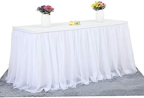 Suppromo 9ft White Table Skirt Tulle Tutu Table Skirt for Rectangle Tables White Ruffle Table Cloth for Wedding Bridal Shower Baby Shower Baptism Birthday Party Banquet Decoration(L9(ft) H 30in) by Suppromo