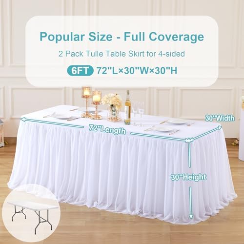 2 Pack White Tablecloth for 6 Foot Rectangle Tables with Tulle Table Skirt - Image 5