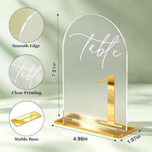 Frosted Table Numbers, Wedding Table Numbers Gold 1-25 with Stands, Gold 3D Acrylic Arch Signs with Holder, 5" x 7" Elegant Table Decor for Wedding Reception, Party, Anniversary, Events - Image 2
