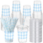 Sliner 50 Sets 16oz Light Blue White Gingham Party Plastic Cups by Sliner