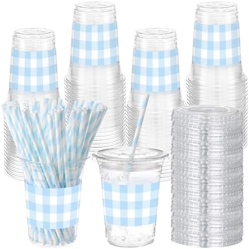 Sliner 50 Sets 16oz Light Blue White Gingham Party Plastic Cups by Sliner
