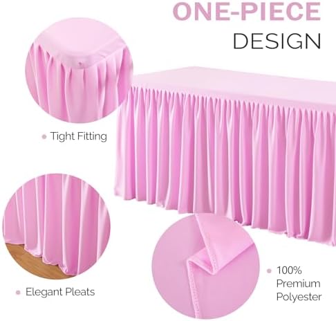 Pink Polyester Table Clothes for 8 Foot Rectangle Tables, Wrinkle Free Fitted Table Cover 8ft Stretch Tablecloths with Skirt for Parties Weddings Birthday Banquet Baby Shower - Image 2
