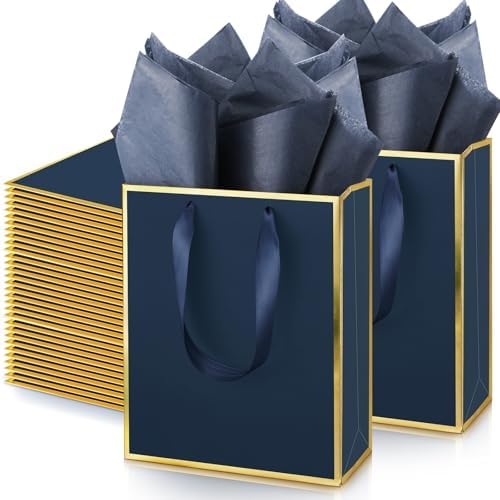 Yeaqee 50 Pcs Metallic Paepr Gift Bags Bulk with Handles,Navy Blue, Gold by Yeaqee