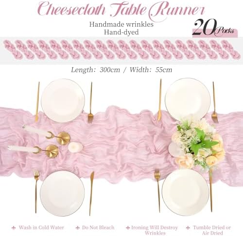 Teruntrue 20 Pack Light Pink Cheesecloth Table Runner 17x108 Inch, Boho Gauze Sheer Fabric Cheese Cloth Table Runners for Wedding Party Bridal Shower Baby Shower Birthday Home Decor Garden Farmhouse - Image 2