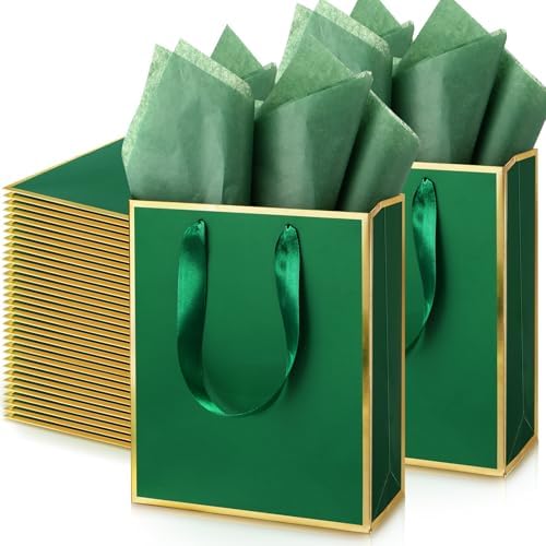Yeaqee 50 Pcs Metallic Paepr Gift Bags Bulk with Handles,Green Gold by Yeaqee