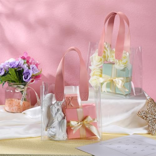 Sweetude 24 Pcs Clear Gift Bags with Handle Plastic Small Tote, pink - Image 6