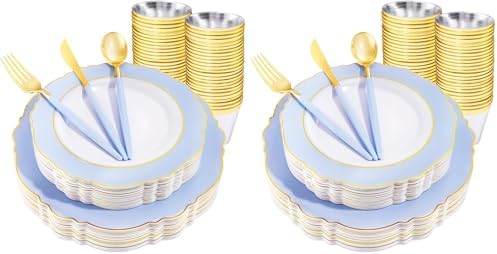 WDF 150pieces Baby Blue Plastic Plates with Gold Rim - Disposable Gold Plastic Silverware With Blue Handle-Baroque Light Blue&Gold Disposable Plates Dinnerware for Wedding/Party (Pack of 2) by WDF