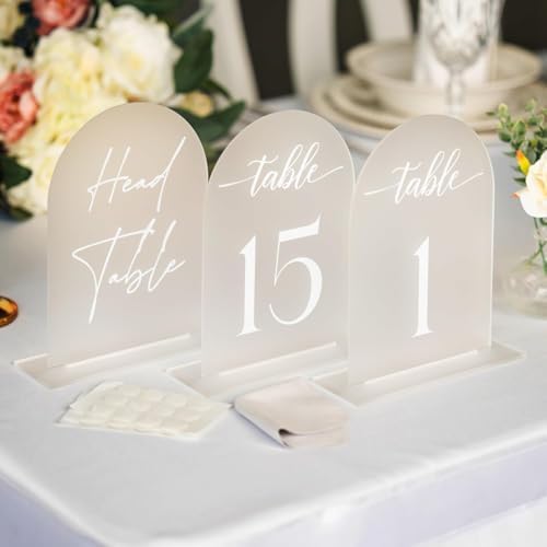 Frosted Arch Acrylic Table Numbers for Wedding Reception - 5" x 7" White Font Centerpiece Set with Holder Stands & Head Table Sign - Anniversary, Event, Party, Wedding set 1-15 - Image 6