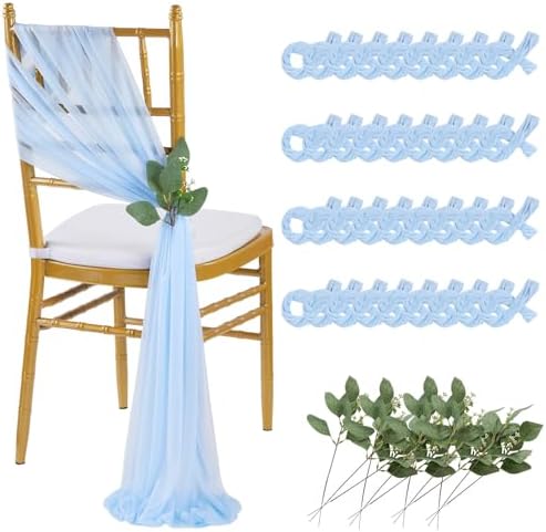 QueenDream Light Blue Sashes Chair Aisle Decorations: 36 Pack Baby Shower Chair Cover 8FT Long Tulle Draping Fabric Wedding Reception Church by QueenDream