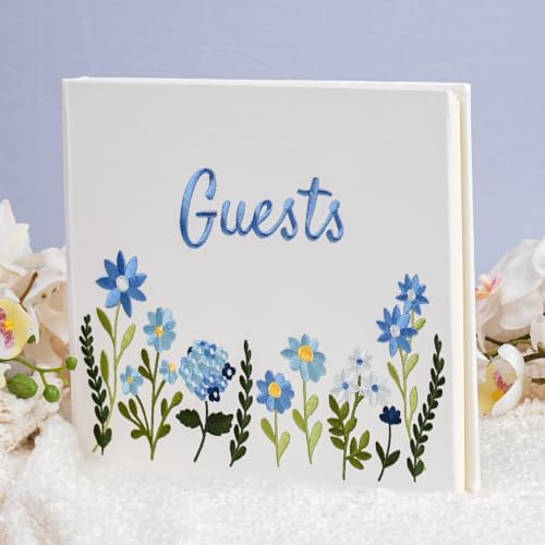 Embroidered Floral Guestbook for Wedding, Bridal Shower & Baby Shower, Linen Guest Sign-In Keepsake with Blank Ivory Pages, Lay-Flat Design & Ribbon Bookmark, 10.25” x 8.25” (Blue Floral) - Image 5