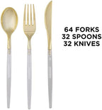 Luxe Party 128 Pieces Two Tone Plastic Disposable Cutlery | Forks-Spoons-Knives | Full Size | Chic Round | Clear and Gold - Image 2