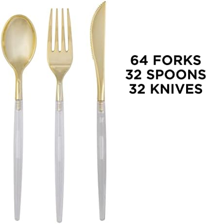 Luxe Party 128 Pieces Two Tone Plastic Disposable Cutlery | Forks-Spoons-Knives | Full Size | Chic Round | Clear and Gold - Image 2
