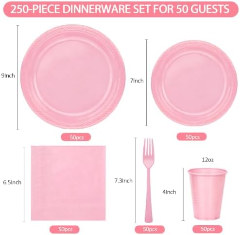 250Pcs Disposable Light Pink Plastic Plates and Napkins for Birthday Party - Image 2