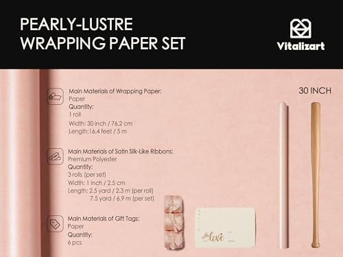 Vitalizart Pink Wrapping Paper Set 30" Pearly-Lustre Ribbons & Gift Tags - Image 2