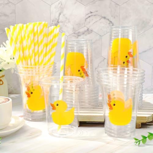Whaline 50 Pcs Yellow Duck Plastic Cups with Lids and Straws 12 Oz Cute Duck Beverage Drinking Cups for Birthday Summer Pool Beach Party Supplies - Image 4