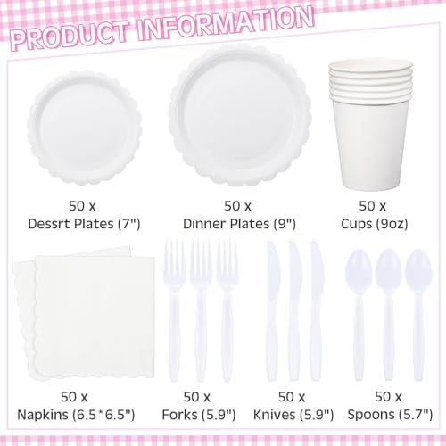 Ziliny 350 Pcs White Plates and Napkins, 50 Guest White Party Supplies Include Scalloped Paper Plates Napkins Cups Plastic Spoons Forks Knives Disposable Tableware Set for Weeding Bridal Baby Shower - Image 2
