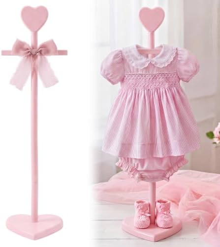 Fuutreo 2 Packs Baby Clothes Display Stands Heart-Topped Baby Shower Centerpiece Babies Clothes Rack with Bow Wooden Adjustable Outfit Hangers Display for Layette Dress, Hand Assembled (Pink) by Fuutreo