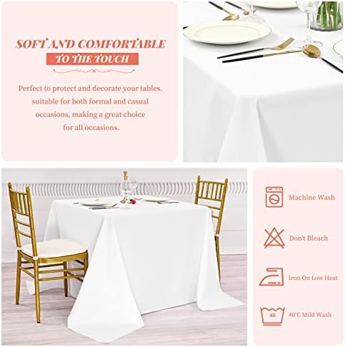 Showgeous 85x85 Inch White Square Tablecloths, Polyester Table Covers - Image 4