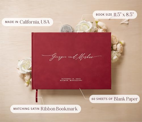 MUUJEE Personalized Guestbook in Red - Premium Custom Modern Guest Book for Wedding Reception, Birthday Party or Events w/Bookmark Blank Pages for Signing 11.5 x 8.5 inches - Image 3