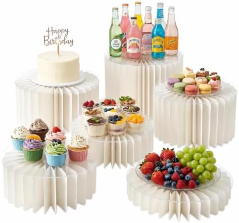 iobiotio Foldable Cake Stand, Reusable Buffet Risers, 6 Pack Round Dessert Stands with Acrylic Tops, Cardborad Display Stands for Weddings, Birthdays, Baby Showers, Parties, Home Decor, White by iobiotio