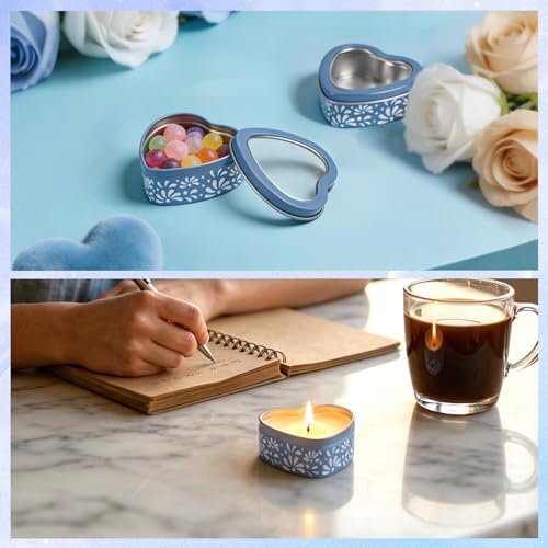 48 Pcs Blue Mexican Heart Shaped Tins with Clear Lids Organza Bags Thanks Cards De Barro Mexicanos Empty Candle Candy Boxes Cielito Lindo Party Decorations for Wedding Gifts Fiesta Party Favors - Image 6