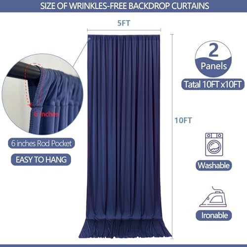 ESGOTBME 10x10ft Wrinkle Free Navy Blue Backdrop Curtain for Parties Soft Fabric Drapes Wedding Blue Curtain Backdrop for Birthday Party Decorations Background for Photography 5x10ft, 2 Panels - Image 4