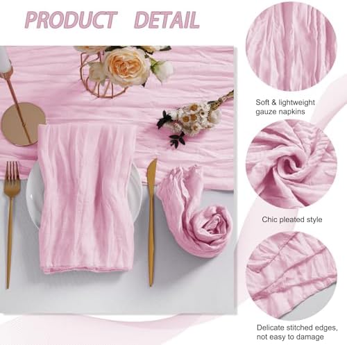 LZY 120 Pack Gauze Cheesecloth Napkins 20x20 Inch Dinner Cloth Napkins, Soft Boho Table Napkins Rustic Wrinkled Cheese Cloth Napkins Bulk for Wedding Party Baby Shower Event Decor (Pink) - Image 4