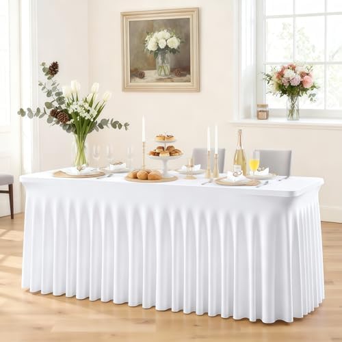 1 Pack White Tableclothes for 4 Foot Rectangle Tables, Wrinkle Resistant Fitted Table Cloth Stretch Spandex Table Covers with Skirt for Event Banquet Wedding Birthday Party - Image 4