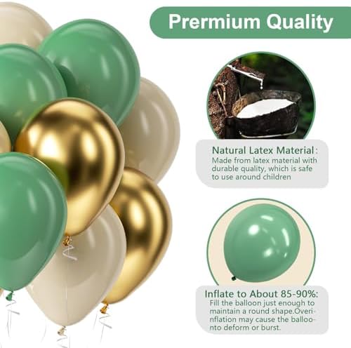 Sage Green Gold White Balloons Kit 60pcs 12 in Sage Green Sand White Latex Balloons Metallic Gold Helium Balloons and Electric Balloon Pump - Image 3