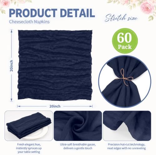 60Pack Navy Blue Cheesecloth Napkins Rustic Boho Gauze Napkins 20"x20" - Image 3