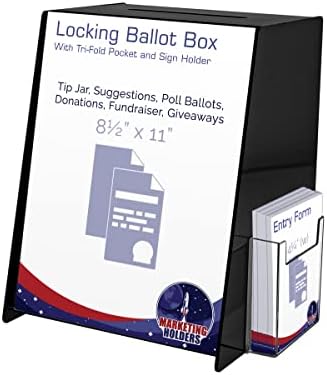 Marketing Holders Acrylic Charity Donation Bin Locking Ballot Box Black Acrylic 8.75” x 8.5" x 11.5" with 8.5" x 11" Slide in Header Sign Holder and Pocket on the Side Countertop by MarketingHolders